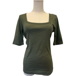 Magaschoni Square Neck Top | Short Sleeve |100% Cotton | Green | Size Medium